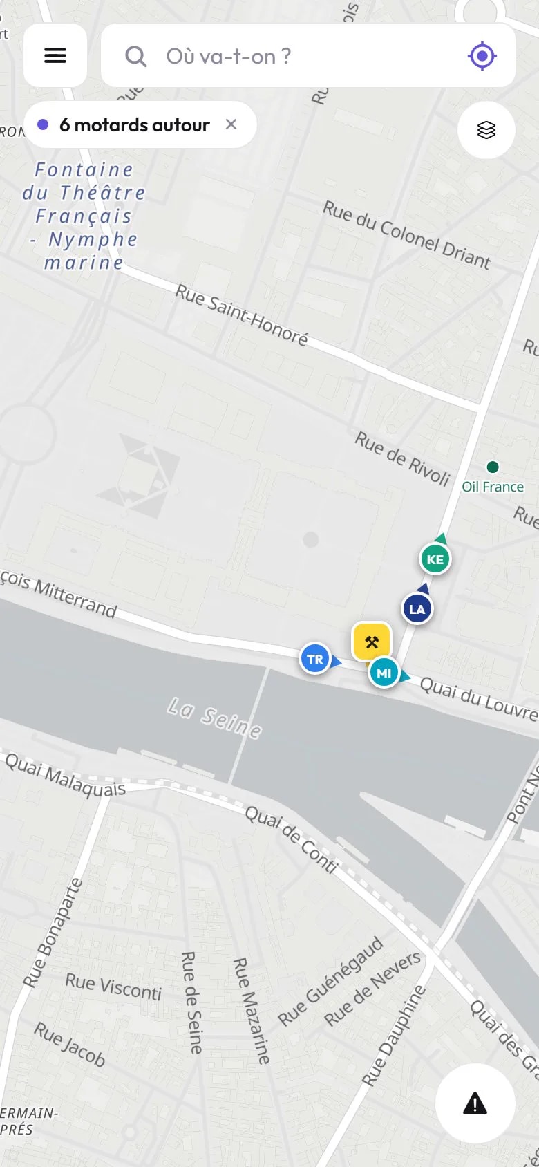L’accueil de RideUp : la carte de Paris, et les motards autour qui roulent