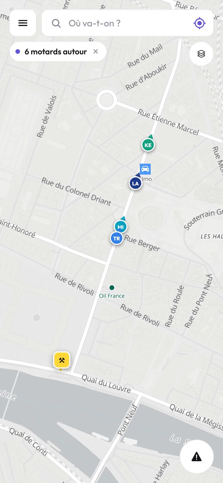 L’accueil de RideUp : la carte, et un groupe de motards qui roule