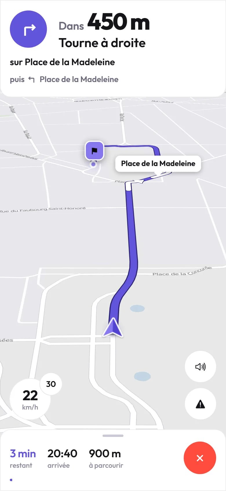 La navigation : dans 450 m, tourne à droite sur la place de la Madeleine, la flèche sur le tracé violet